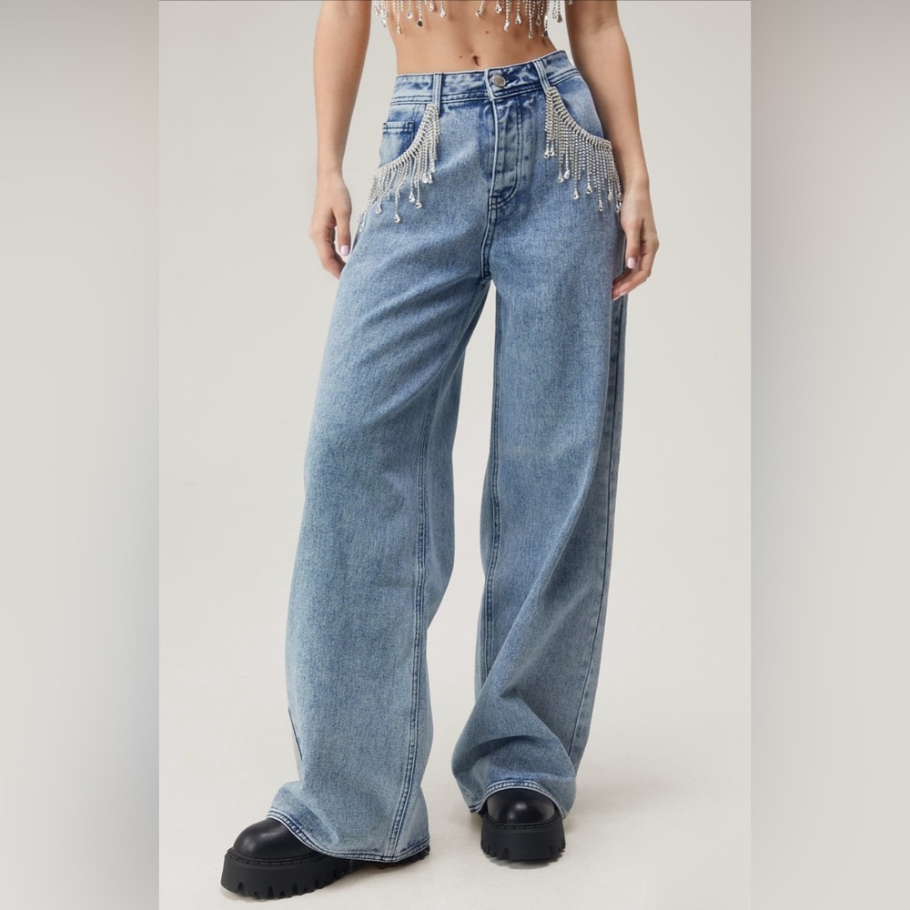 NASTY GAL, Embellished Fringe Wide
Leg Jeans, Size 14